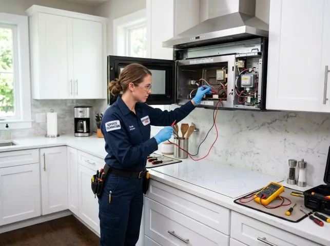 Appliance Repair Hero technician testing an over-the-range microwave in a Alexis, NC kitchen